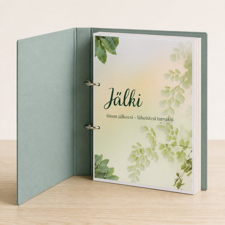 Avattu vaaleanvihreä JÄLKI-kansio vaalealla puupöydällä